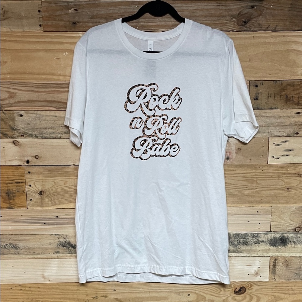 Bella Canvas size Large White Tee with Leopard Rock & Roll Babe Printed T-shirt